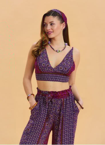 Lace Up Open Back Adjustable Purple Floral Blouse 4648